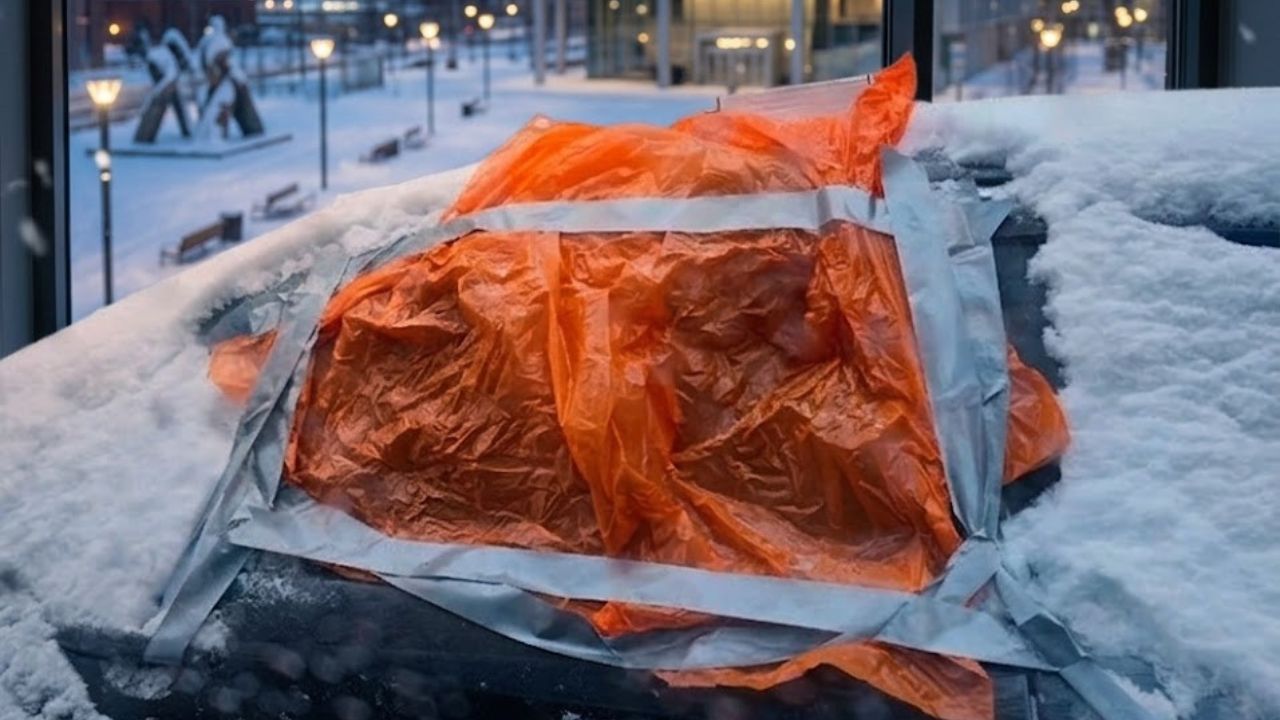 Someone left the car window open. I taped up the window so that snow didn’t get inside.