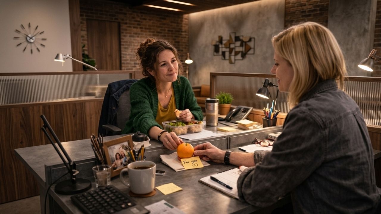 coworker Sandra eats lunch